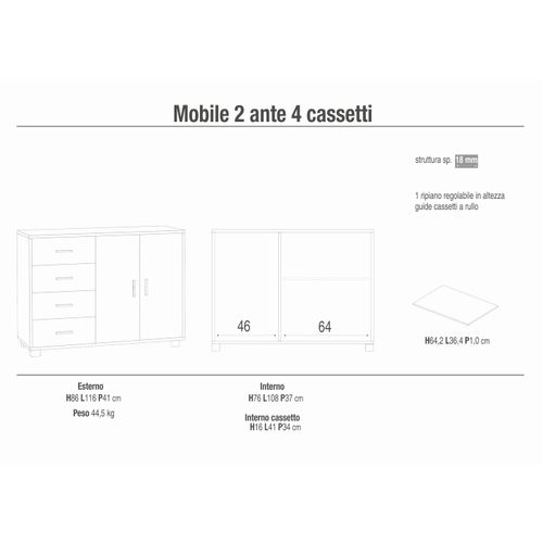 Armoire 2 Portes 4 Tiroirs H84 L174 Kit - Métal-clair Et Gris