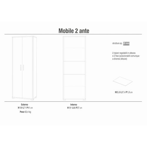 Armoire 2 Portes H199 L71 Kit - Métal-clair Et Gris