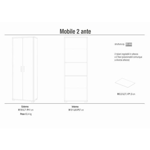 Armoire 2 Portes H199 L71 Kit - Gris