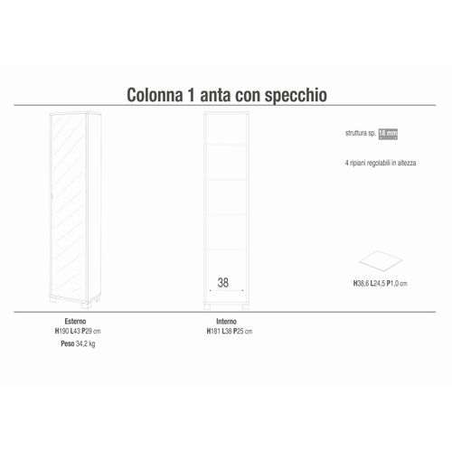 Colonne 1 Kit De Porte Miroir H190 L43 - Blanc