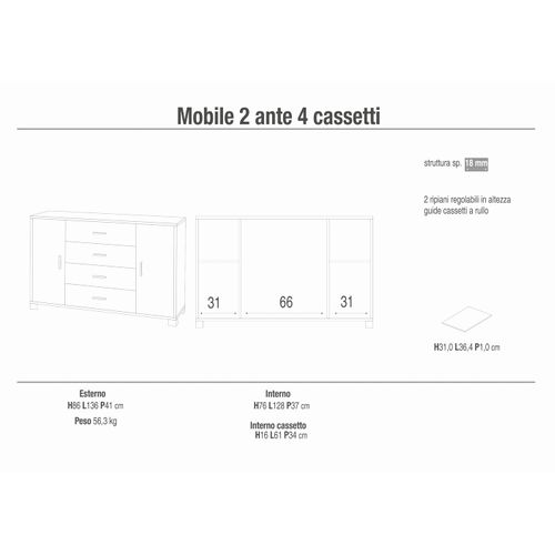 Buffet 2 Portes 4 Tiroirs Beige