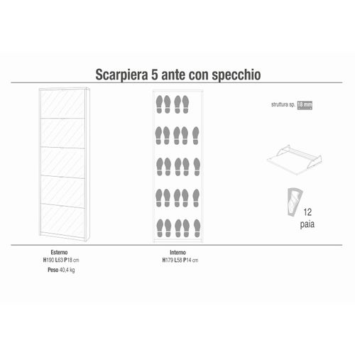 Étagère à Chaussures 5 Portes Miroir - Blanc