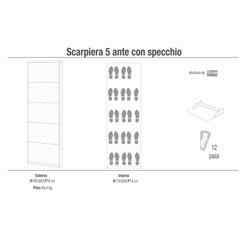 Étagère à Chaussures 5 Portes Miroir - Beige