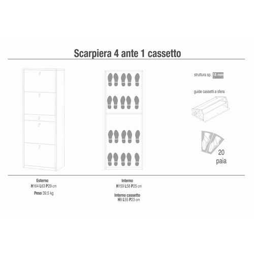 Armoire à Chaussures 4 Portes 1 Tiroir - Gris