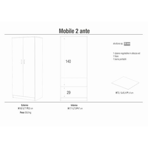 Armoire 2 Portes H182 L77 Kit - Blanc