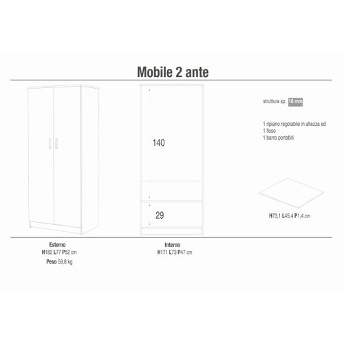Armoire 2 Portes H182 L77 Kit - Bois-clair