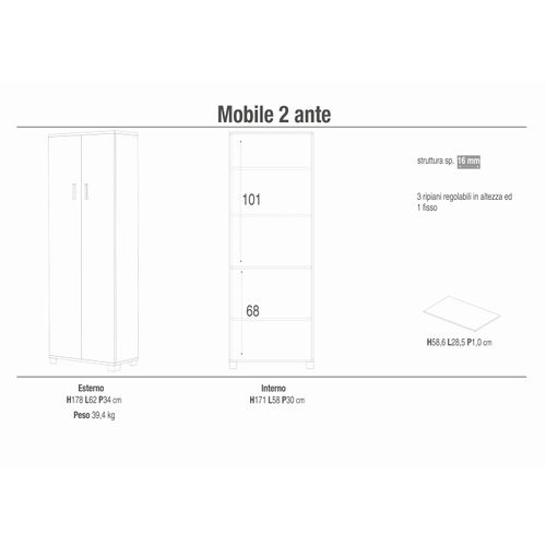 Armoire 2 Portes H178 L62 Kit - Blanc