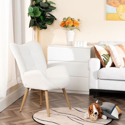 Fauteuil De Salon Scandinave Avec Accoudoirs Pied Bois Massif Rembourré En Boulette Beige