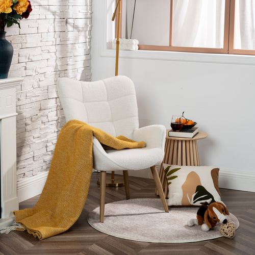 Fauteuil De Salon Scandinave Avec Accoudoirs Pied Bois Massif Rembourré En Boulette Beige