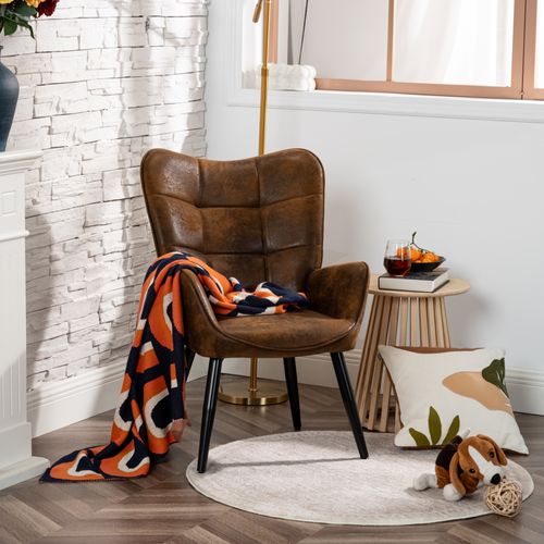 Fauteuil De Salon Scandinave Avec Accoudoirs Pied Métal Rembourré En Suédine Marron