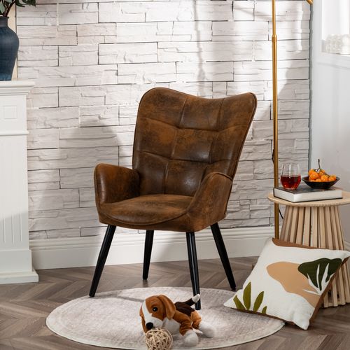 Fauteuil De Salon Scandinave Avec Accoudoirs Pied Métal Rembourré En Suédine Marron