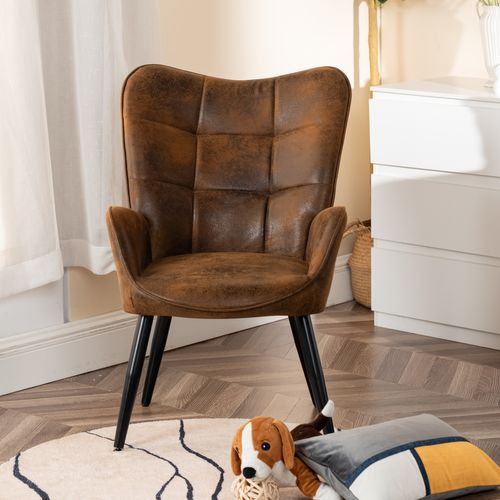 Fauteuil De Salon Scandinave Avec Accoudoirs Pied Métal Rembourré En Suédine Marron