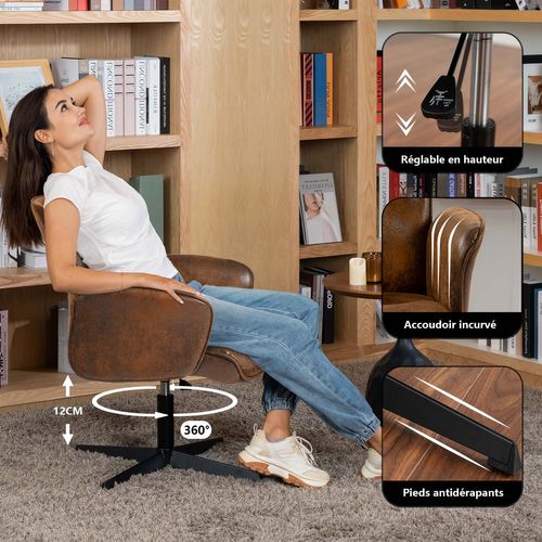 Fauteuil De Bureau Ergonomique Siège Pivotant Hauteur Réglable Avec Accoudoir En Suédine Marron