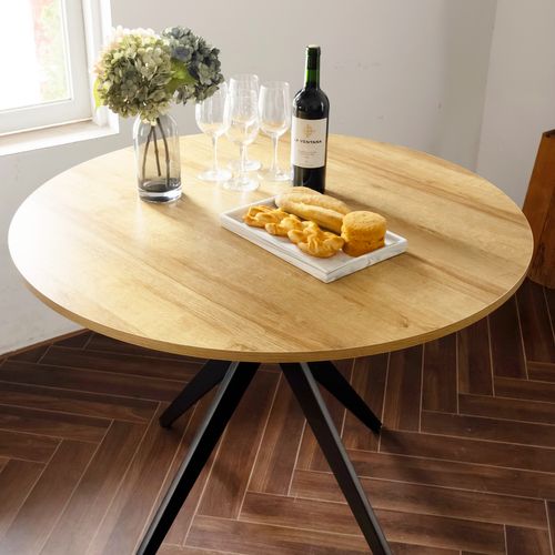 Table Salle à Manger Ronde  4 Personnes Pour Salon Cuisine Bureau, En Bois D'ingénierie Et Métal