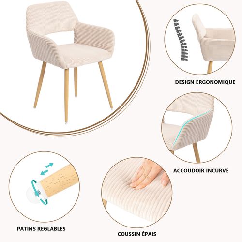 Lot De 2 Chaises De Salle à Manger Rembourrée En Velours Côtelé Pieds En Métal Beige