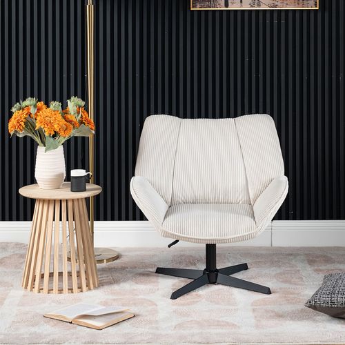 Fauteuil Salon Chaise Pivotant Sur 360° Avec Accoudoirs En Velours Côtelé Beige
