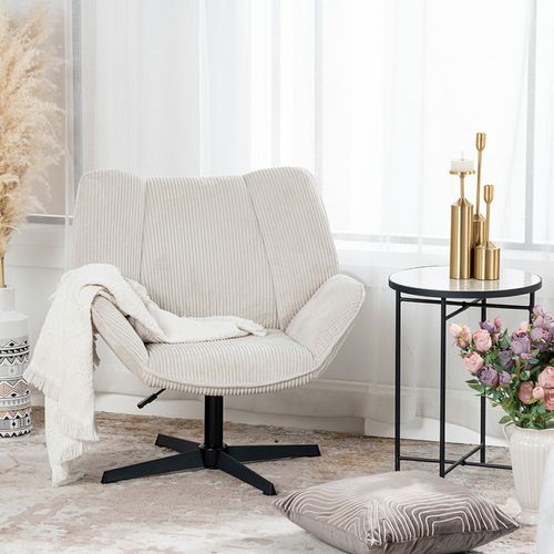 Fauteuil Salon Chaise Pivotant Sur 360° Avec Accoudoirs En Velours Côtelé Beige