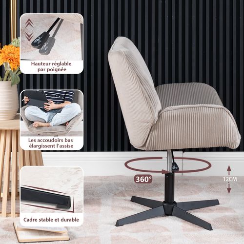 Fauteuil Salon Chaise Pivotant Sur 360° Avec Accoudoirs En Velours Côtelé Taupe Clair