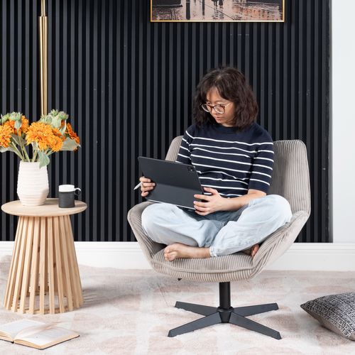 Fauteuil Salon Chaise Pivotant Sur 360° Avec Accoudoirs En Velours Côtelé Taupe Clair