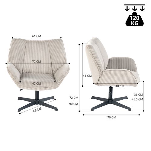 Fauteuil Salon Chaise Pivotant Sur 360° Avec Accoudoirs En Velours Côtelé Taupe Clair