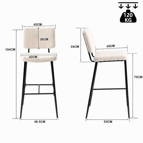 Lot De 2 Tabouret De Bar Siège Rembourrés De 75 Cm De Haut En Bouclette Beige