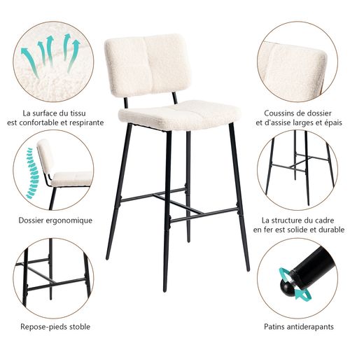 Lot De 6 Tabouret De Bar Industriel Avec Dossier Et Repose-pieds, Chaises Hautes, Beige