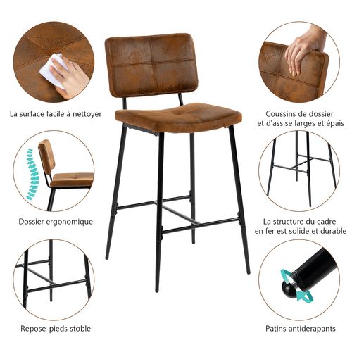 Lot De 6 Tabouret De Bar Industriel Avec Dossier Et Repose-pieds,  Chaises Hautes, Marron