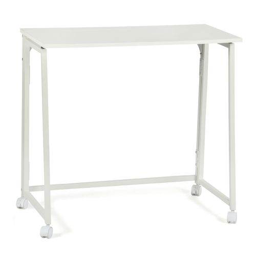 Bureau Pliant Avec 4 Roulettes Pour Petits Espaces Scandinave, Cadre En Métal, Blanc