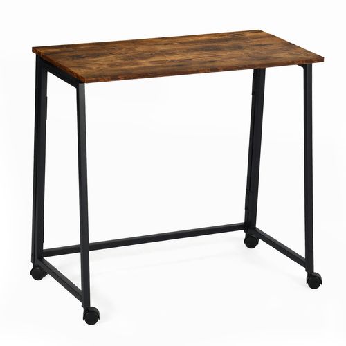 Bureau Pliant Avec 4 Roulettes Pour Petits Espaces Industriel, Cadre En Métal, Marron