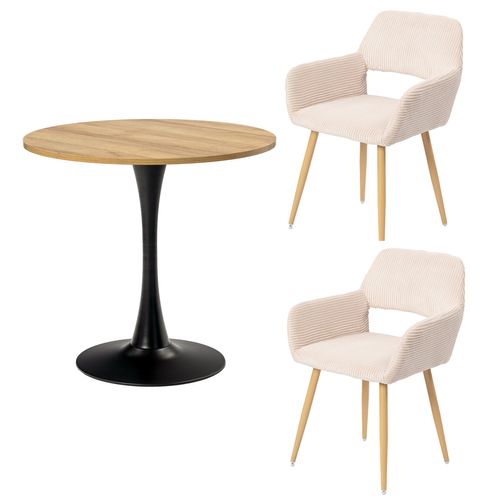 Table Salle à Manger Ronde Avec 2 Chaises Ensemble De 3 Meubles Pour Salon Cuisine, Chêne + Beige
