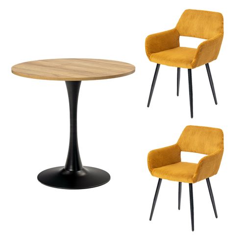 Table Salle à Manger Ronde Avec 2 Chaises Ensemble De 3 Meubles Pour Salon Cuisine, Chêne + Jaune