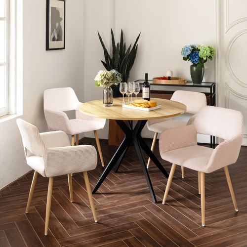 Table Salle à Manger Ronde Avec 4 Chaises Ensemble De 5 Meubles Pour Salon Cuisine, Chêne + Beige