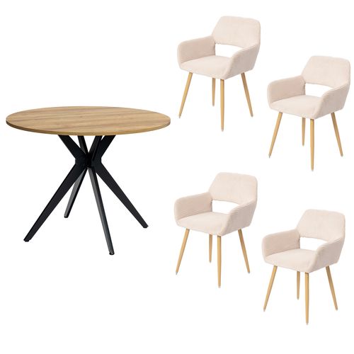 Table Salle à Manger Ronde Avec 4 Chaises Ensemble De 5 Meubles Pour Salon Cuisine, Chêne + Beige
