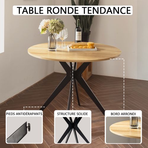 Table Salle à Manger Ronde Avec 4 Chaises Ensemble De 5 Meubles Pour Salon Cuisine, Chêne + Jaune