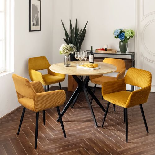 Table Salle à Manger Ronde Avec 4 Chaises Ensemble De 5 Meubles Pour Salon Cuisine, Chêne + Jaune