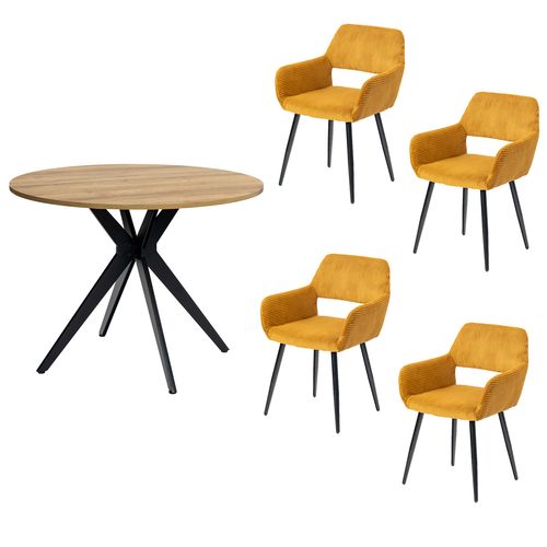 Table Salle à Manger Ronde Avec 4 Chaises Ensemble De 5 Meubles Pour Salon Cuisine, Chêne + Jaune