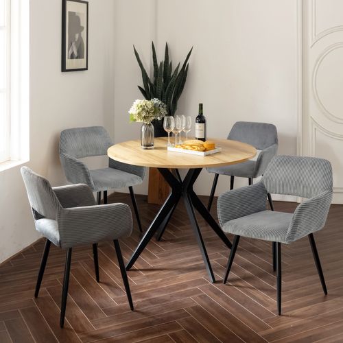 Table Salle à Manger Ronde Avec 4 Chaises Ensemble De 5 Meubles Pour Salon Cuisine, Chêne + Gris