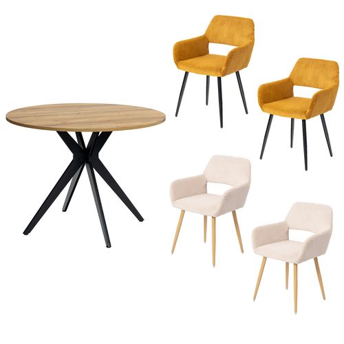 Table Salle à Manger Ronde Avec 4 Chaises Ensemble De 5 Meubles, Chêne + Beige + Jaune