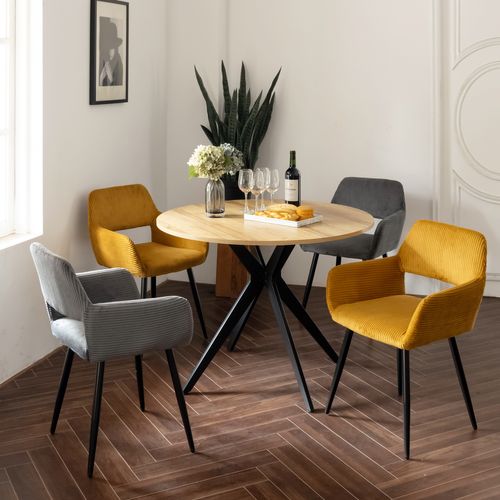 Table Salle à Manger Ronde Avec 4 Chaises Ensemble De 5 Meubles, Chêne + Jaune + Gris