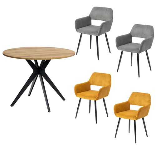Table Salle à Manger Ronde Avec 4 Chaises Ensemble De 5 Meubles, Chêne + Jaune + Gris