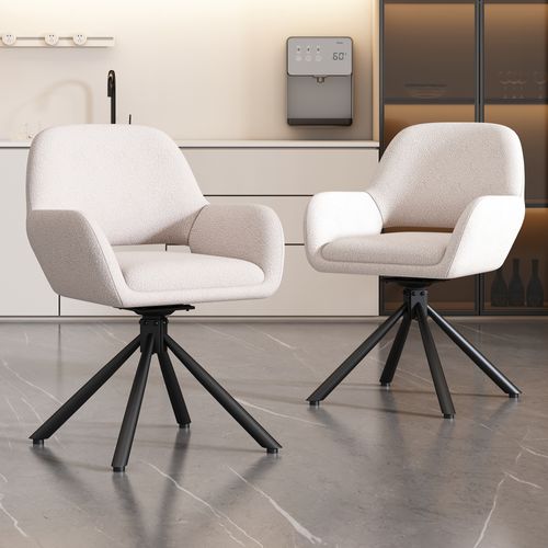Lot De 2 Chaises Salle à Manger Pivotant Sur 360° Avec Accoudoirs En Bouclette, Blanc