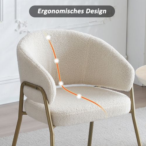 Lot De 2 Chaise Salle à Manger Avec Accoudoirs En Bouclette Blanc Pieds En Métal Or