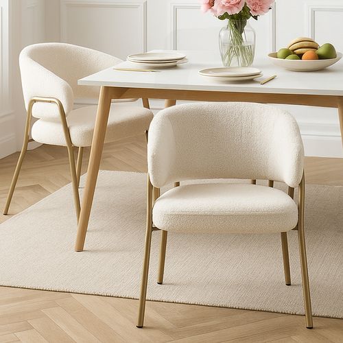 Lot De 2 Chaise Salle à Manger Avec Accoudoirs En Bouclette Blanc Pieds En Métal Or