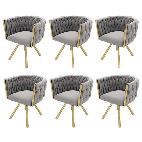 Lot De 6 Chaises Salle à Manger Pivotant Sur 360° Avec Accoudoirs En Velours Gris Pieds En Métal Or