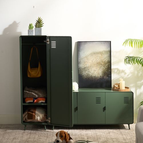 Armoire Meuble De Rangement Avec Portes Et Étagères, Industriel, Vert, 40x40x137cm