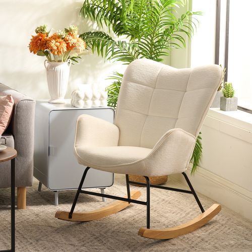 Fauteuil à Bascule Allaitement Rocking Chair Scandinave En Tissu, Blanc