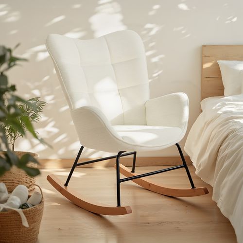 Fauteuil à Bascule Allaitement Rocking Chair Scandinave En Tissu, Blanc