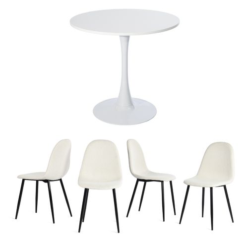 Table Salle à Manger Ronde Avec 4 Chaises Ensemble De 5 Meubles, Blanc + Beige