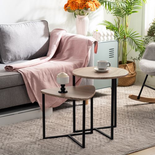 Lot De 2 Table Basse Pour Salon Industriel Tables Gigognes En Bois D'ingénierie Et Métal, Chêne