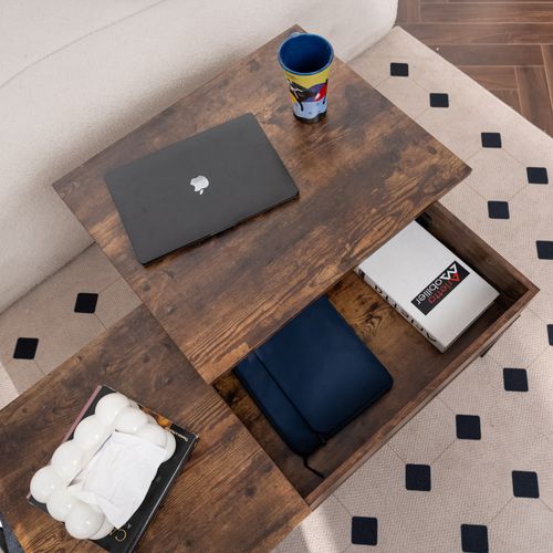 Table Basse De Salon Avec Plateau Relevable Poche De Rangement Et Compartiment Caché, Marron